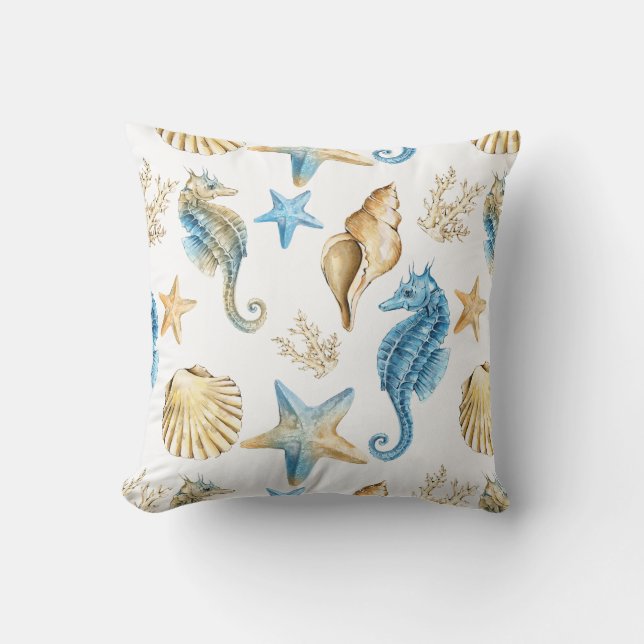 Onder het Zee Blue & Gold Seahorse Buitenkussen (Voorkant)