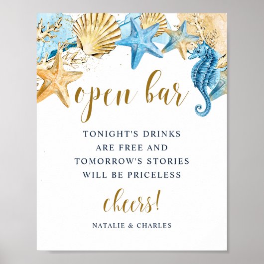 Onder het Zee Blue Gold Wedding Open Bar Poster (Voorkant)