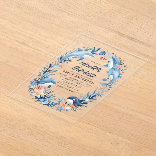 Onder het Zee Blue Ocean Creatures Baby shower Acryl Uitnodigingen (Laagn)