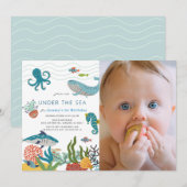 Onder het Zee Creatures 1st Birthday Foto Kaart (Voorkant / Achterkant)
