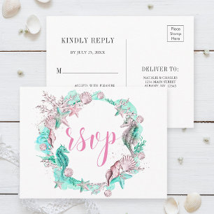Onder het Zee Cyaan Pink White Summer RSVP Uitnodiging Briefkaart