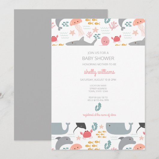 Onder het Zee Friends Pattern Invitation Kaart (Voorkant / Achterkant)