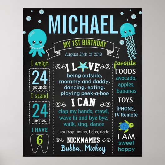Onder het zee Jelly fish Turtle Birthday-teken Poster (Voorkant)