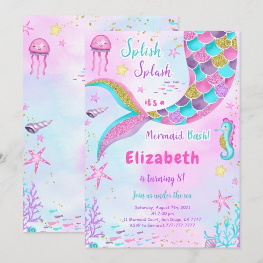Onder het Zee Mermaid Birthday Invitation Kaart (Voorkant / Achterkant)