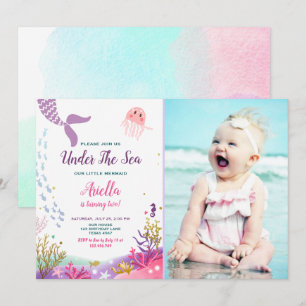 Onder het Zee Mermaid Birthday Invitation Paars Kaart