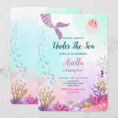 Onder het Zee Mermaid Birthday Invitation Paarse Kaart (Voorkant / Achterkant)