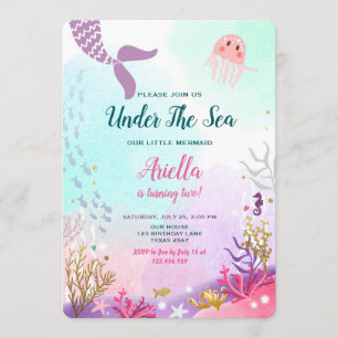 Onder het Zee Mermaid Birthday Invitation Paarse Kaart