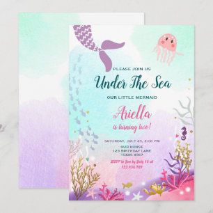 Onder het Zee Mermaid Birthday Invitation Paarse Kaart