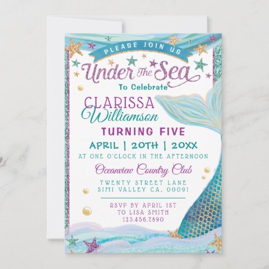 Onder het Zee Mermaid Birthday Party Invitation Kaart (Voorkant)