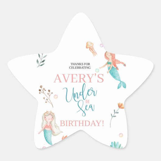 ONDER HET ZEE, MERMAID BIRTHDAY,WATERVERF MERMAID STER STICKER (Voorkant)