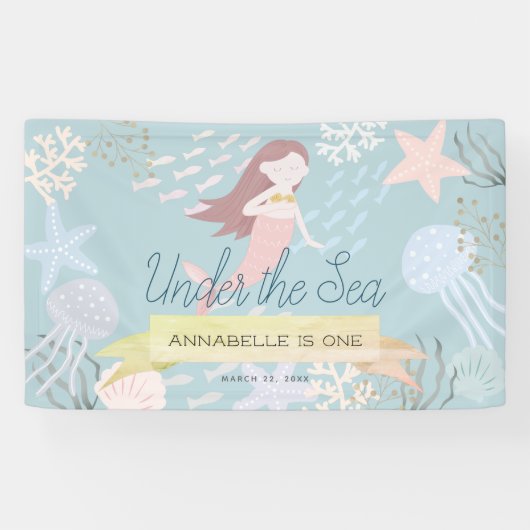 Onder het Zee Mermaid Light Zee Green Birthday Spandoek (Horizontaal)