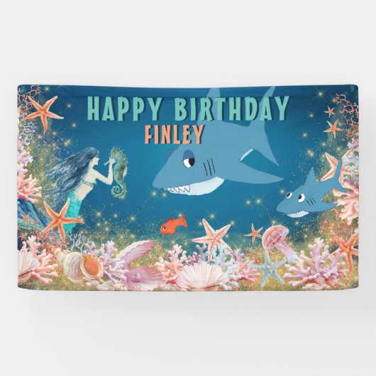 Onder het Zee Mermaid Shark Birthday Party Spandoek (Horizontaal)