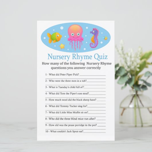 Onder het zee Nursery Rhyme Quiz baby shower game (Staand voorkant)