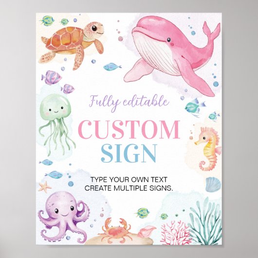 Onder het Zee Ocean Animal Party Custom Table Sign Poster (Voorkant)