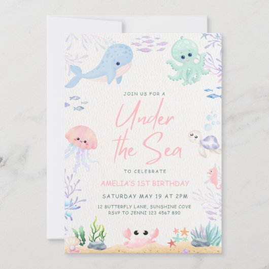 Onder het Zee Ocean Animals 1st Birthday Invitatio Feestdagenkaart (Voorkant)