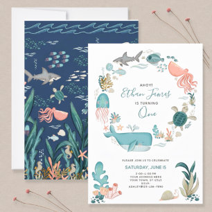 Onder het Zee Ocean Animals 1st Birthday Script Kaart