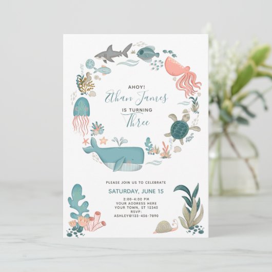 Onder het Zee Ocean Animals 3rd Birthday Script Kaart (Staand voorkant)