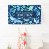 Onder het Zee Ocean Animals Navy Blue Waterverf Spandoek (Insitu)