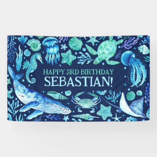 Onder het Zee Ocean Animals Navy Blue Waterverf Spandoek (Horizontaal)