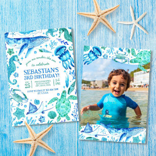 Onder het Zee Ocean Animals Waterverf Foto Kaart