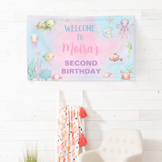 Onder het Zee Ocean Life meisje verjaardagsbanner, Spandoek (Insitu)