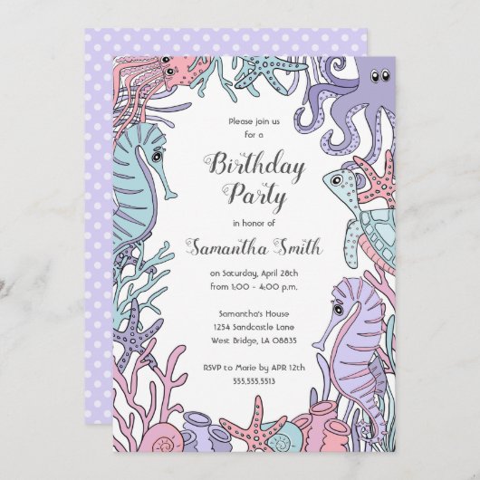 Onder het Zee Pastel Verjaardagsfeest Uitnodiging (Voorkant / Achterkant)