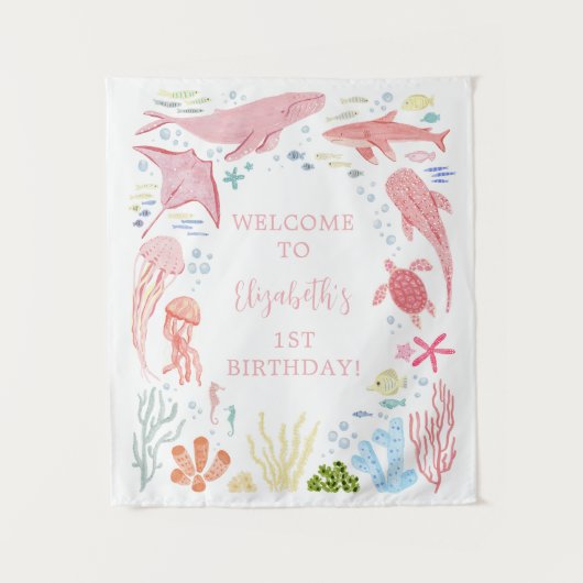 Onder het Zee Pink Ocean Animals Birthday Wandkleed (Voorkant)