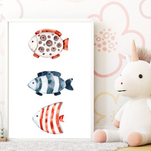 Onder het zee Poster van rode en blauwe vis