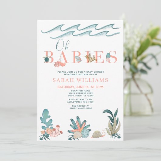 Onder het Zee QR Code Multiples Oh Baby's Shower Kaart (Staand voorkant)