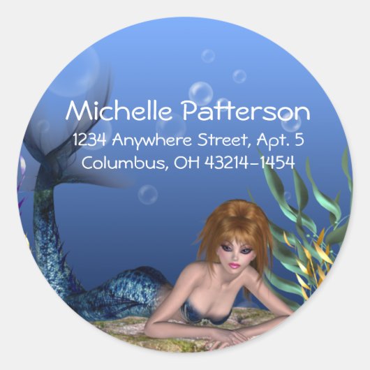 Onder het Zee Redheaded Mermaid Adresetiketten Ronde Sticker (Voorkant)