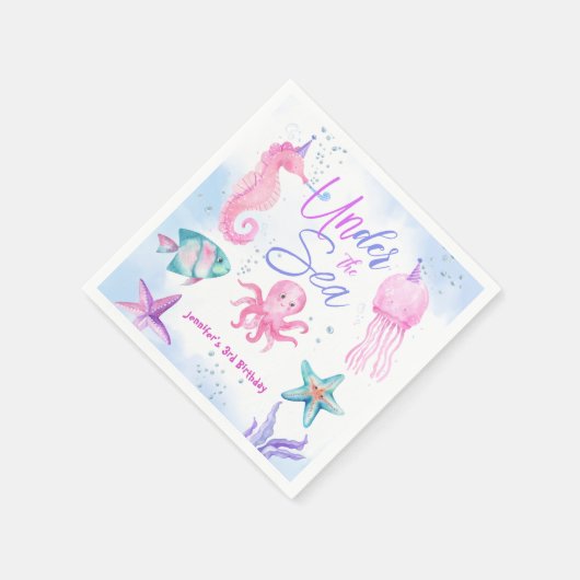 Onder het Zee! Roze Oceaan Meisje 3e Verjaardag Servet (Hoek)