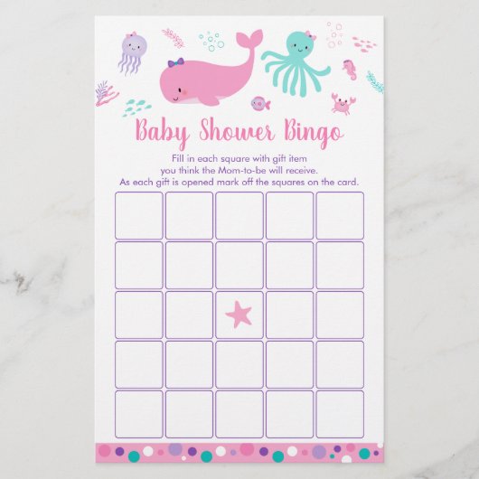 Onder het Zee roze Paarse Baby shower Bingo Game (Voorkant)