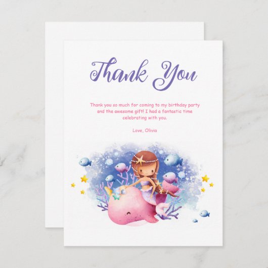 Onder het Zee, Schattigee zeemeerminverjaardag Bedankkaart (Voorkant / Achterkant)