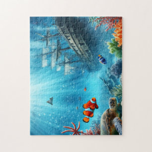 Onder het zee, schildpad, koraal, schip, clownvis legpuzzel