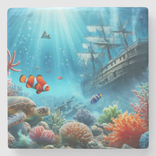 Onder het zee, schildpad, koraal, schip, clownvis stenen onderzetter