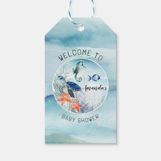 Onder het Zee Turtle Seahorse Boy Baby shower Cadeaulabel (Voorkant)