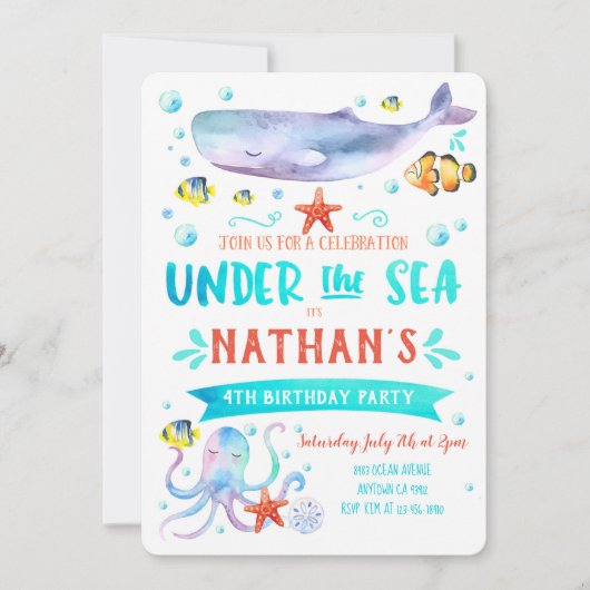 Onder het Zee verjaardagsfeest Invitation Whale Kaart (Voorkant)