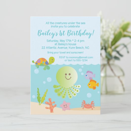 Onder het Zee Verjaardagsuitnodiging in Blauw & Gr Kaart (Staand voorkant)