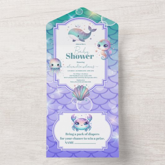 Onder het Zee Waterverf Baby shower All In One Uitnodiging (Binnen)