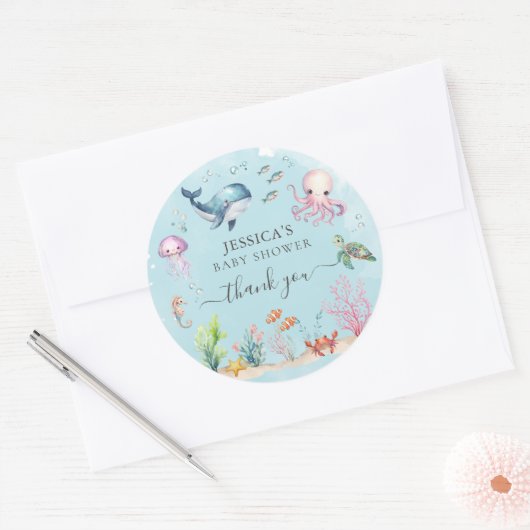 Onder het Zee Waterverf Baby shower dank u Ronde Sticker (Envelop)
