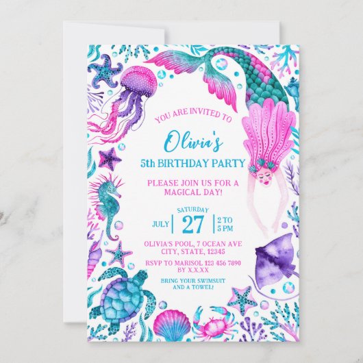 Onder het Zee Waterverf Zeemeermin Verjaardagsfees Kaart (Voorkant)