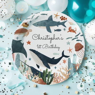Onder het Zee Whale Shark Zee Life 1st Birthday Papieren Bordje