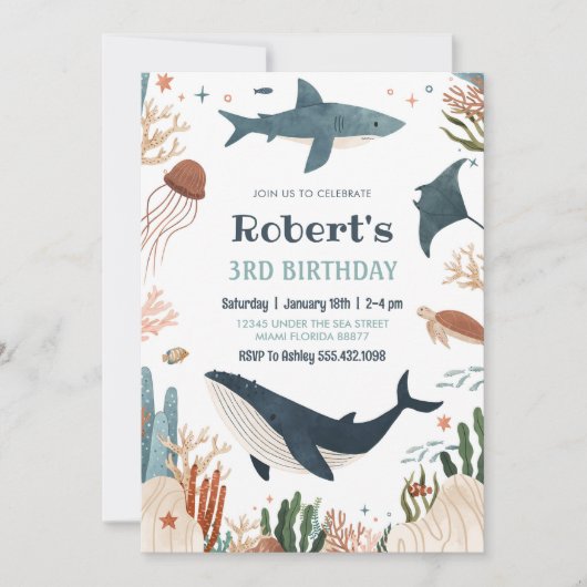 Onder het Zee Whale Turtle Shark 1st Birthday Kaart (Voorkant)