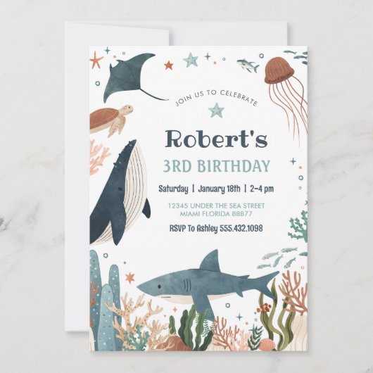 Onder het Zee Whale Turtle Shark 1st Birthday Kaart (Voorkant)