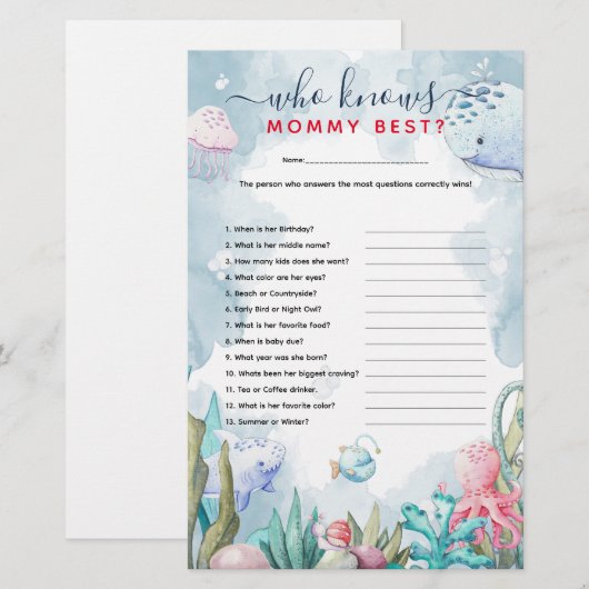 Onder het Zee 'Wie kent het beste Baby shower van  (Voorkant / Achterkant)