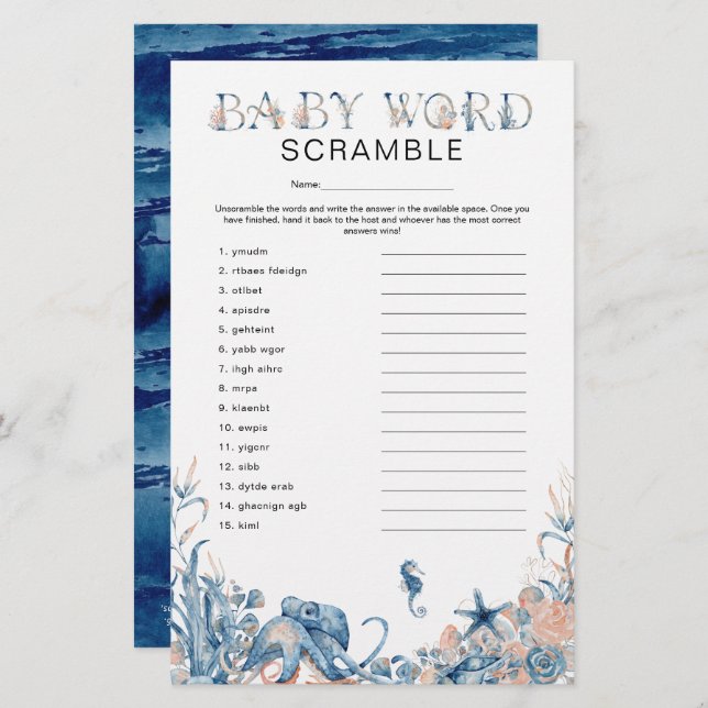 Onder het Zee "Word Scramble"-Baby shower (Voorkant / Achterkant)