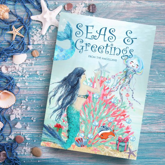 Onder het Zee Zeemeermin kerstabel Feestdagenkaart