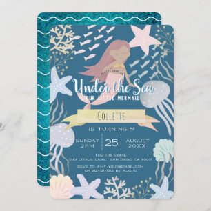 Onder het Zee Zeemeermin Navy Birthday Invitation Kaart