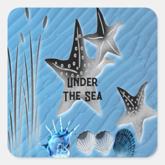 Onder het Zee zeesterschelpen zeewier blauw water Vierkante Sticker