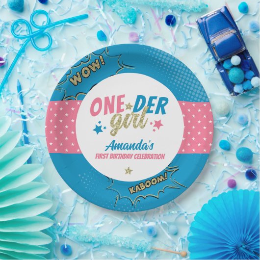 Onder Meisje Roze en Blauw Eerste Verjaardag Papieren Bordje (Feest)